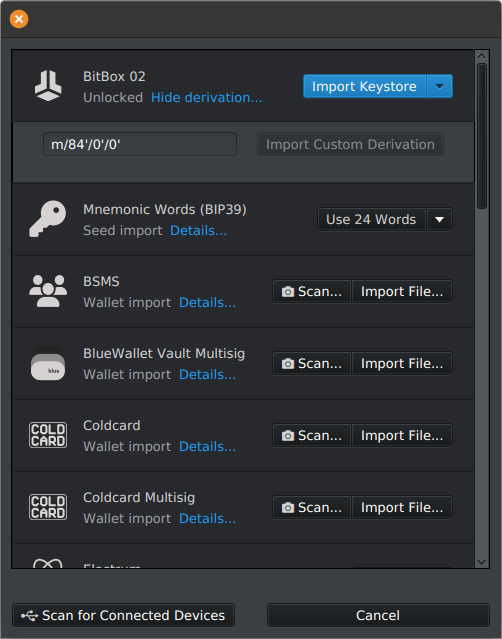 Die Wallet-Import Optionen in Sparrow