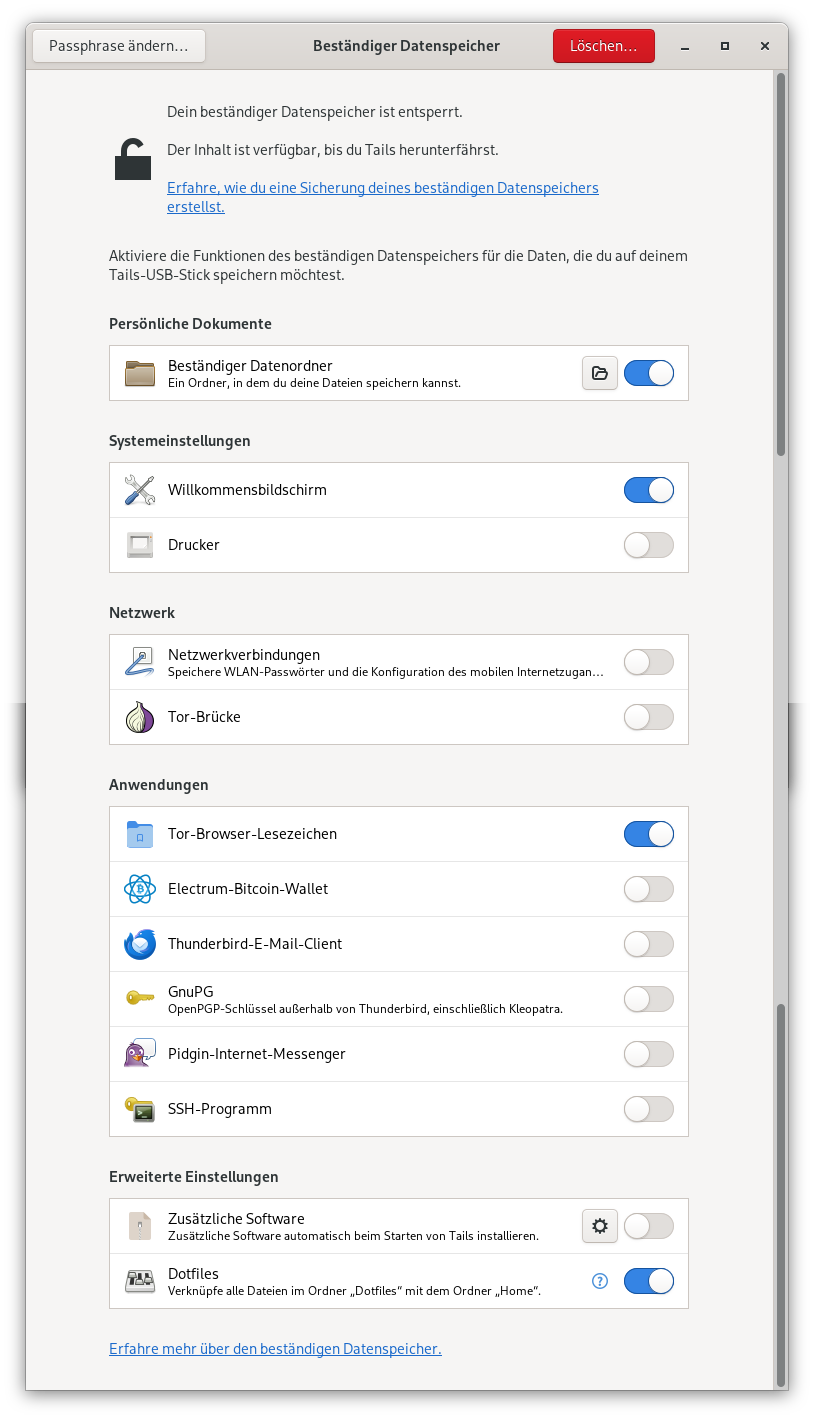 Einstellungen: Beständiger Datenspeicher